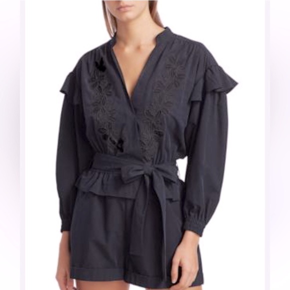 DEREK LAM 10 CROSBY- Floral Embroidery Black Long Sleeve Wrap Romper - Picture 1 of 16